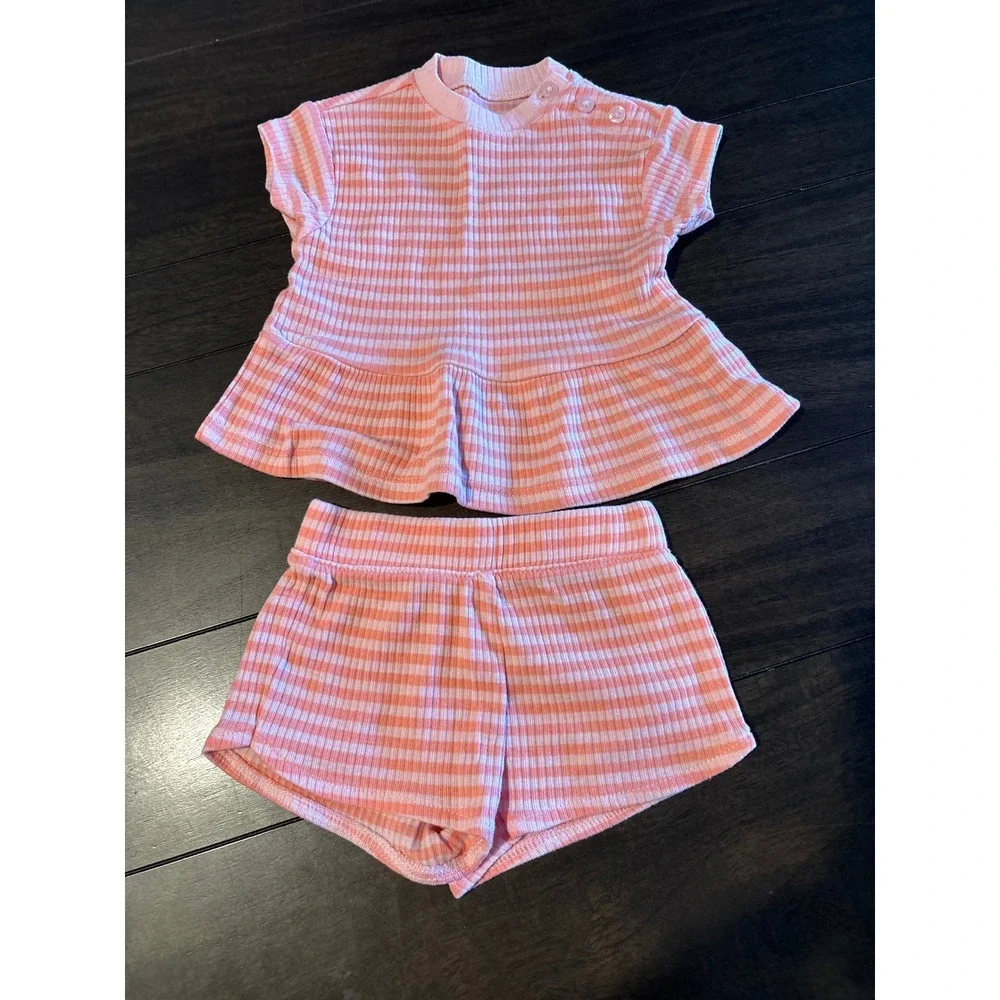Carters Baby Girl 3M Pink White Striped Ribbed Peplum Top and Shorts Set
